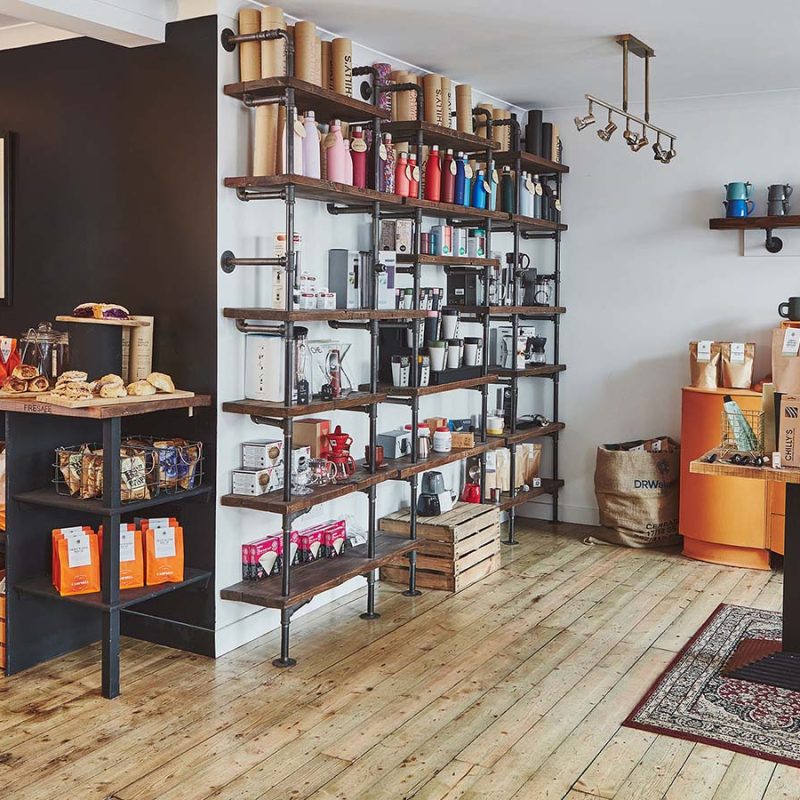 Shelves of coffee goods in Campbell Coffee House in Inveraray