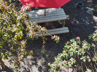 A view from the balcony of the lush courtyard and picnic table with a red umbrella at Lochview Apartment part of Brambles hotel in Inveraray in Scotland