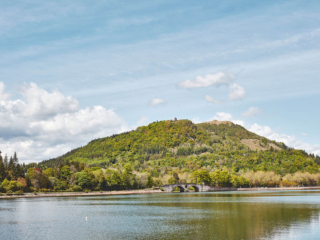 Views over Loch Fyne to the Aray Bridge from Lochview Apartment part of Brambles hotel in Inveraray in Scotland